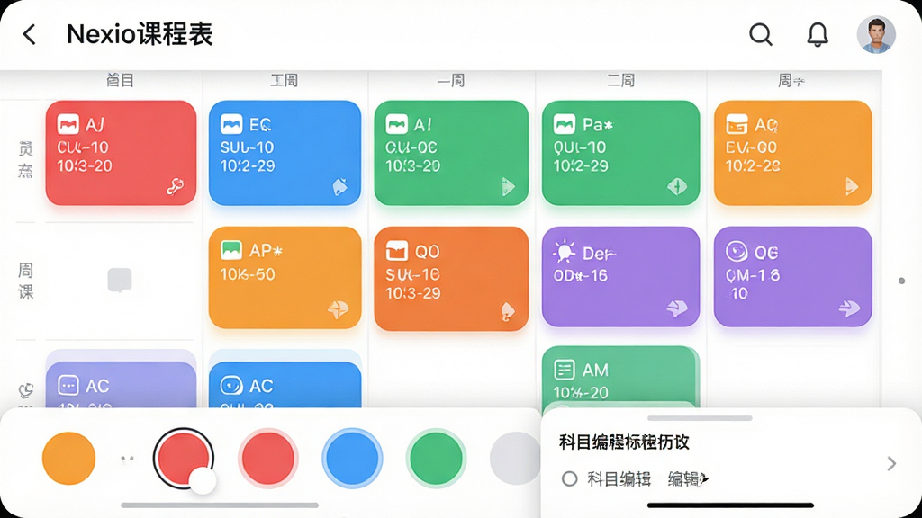 一张展示课程颜色标记功能的手机界面图片,画面中「Nexio课程表」的周课表视图里分布着红、蓝、绿、橙、紫等多种颜色的课程卡片,每张卡片上写有科目简称和教室编号,底部有颜色选择器和科目编辑面板,整体风格清新明快,布局为上下结构,细节包括圆角卡片、柔和的色彩搭配、清晰的图标,画质高清,画面干净,无多余元素