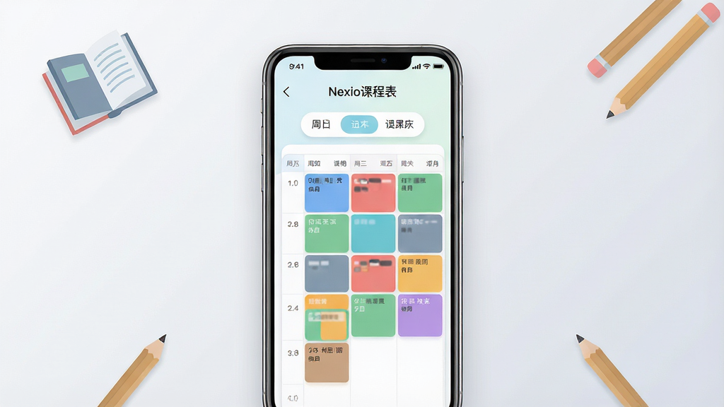 一张干净简洁的手机应用界面展示图,画面中央放置一部现代智能手机,手机屏幕上显示着「Nexio课程表」的周课表视图,表格中有不同颜色的课程方块整齐排列,顶部有周次切换栏,界面风格清新浅色,背景为淡灰色渐变,周围点缀少量书本和铅笔的扁平化图标元素,整体布局居中对称,风格为现代极简UI设计,细节包括圆角卡片、柔和阴影、清晰的文字标签,画质高清,画面干净,无多余元素