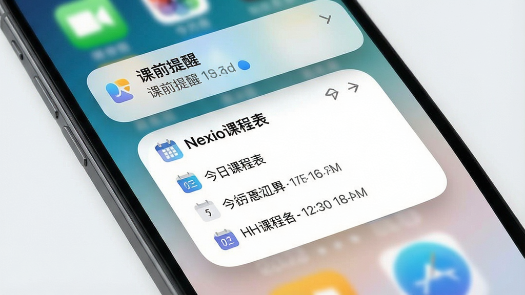 一张展示手机桌面小组件和通知提醒的图片,画面中一部手机的主屏幕上放置着「Nexio课程表」的桌面小组件,小组件内显示今日三节课的名称和时间,屏幕顶部弹出一条课前提醒通知,背景为简洁的手机桌面壁纸,风格为现代移动端设计,细节包括圆角小组件边框、清晰的文字排版、通知卡片的阴影效果,画质高清,画面干净,无多余元素