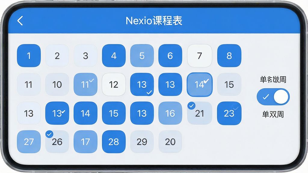 一张展示课程周次设置界面的手机截图风格图片,画面主体为「Nexio课程表」的周次选择面板,面板上有1到20周的网格按钮,部分周次被高亮选中,旁边有单双周切换开关,配色以蓝色和白色为主,背景为浅灰色,布局清晰,风格为扁平化移动端UI设计,细节包括圆角按钮、选中状态的勾选标记、清晰的数字标签,画质高清,画面干净,无多余元素