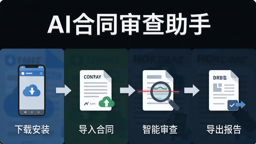 AI合同审查助手操作步骤指引图,画面主体为软件名称