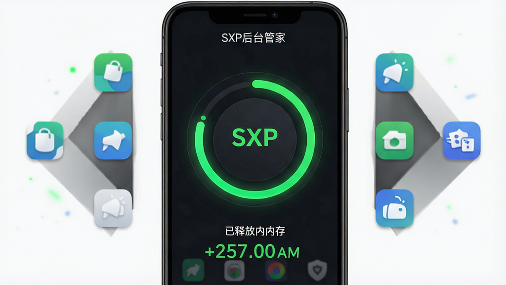 一张手机屏幕展示SXP后台管家内存加速功能的界面图,画面中有一个圆环形的加速进度条,周围环绕着多个应用图标,下方显示已释放内存的具体数值,软件名称