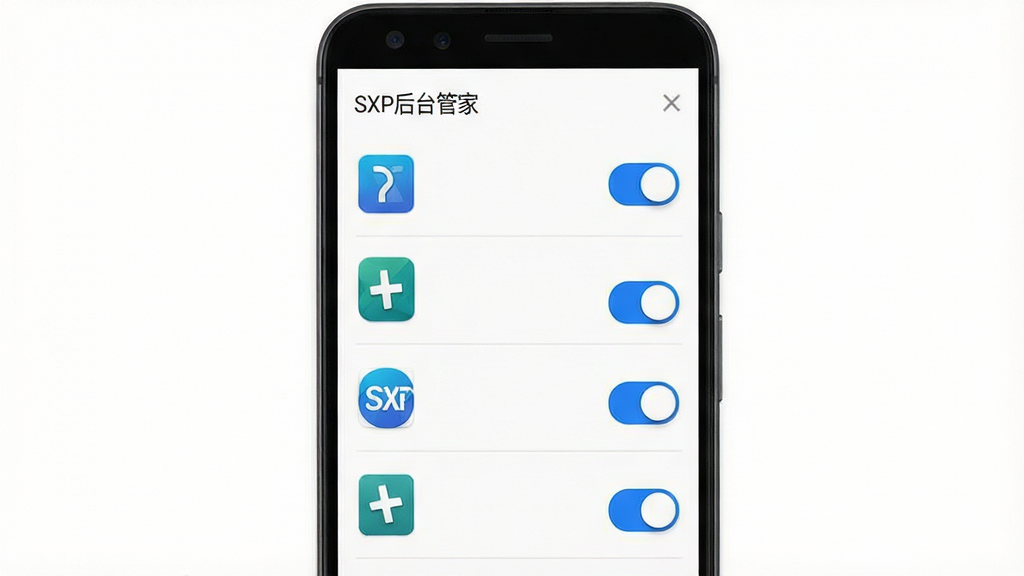 一张展示SXP后台管家在安卓手机上运行自启动管理界面的截图,画面中有多个应用图标及开关按钮,顶部显示软件名称