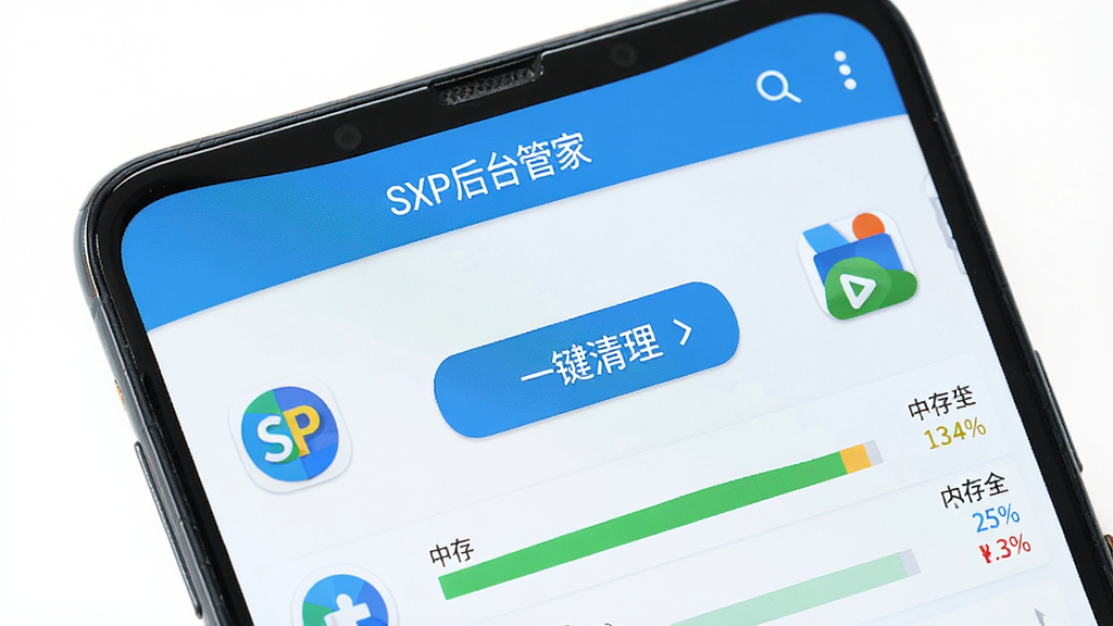 一部安卓手机屏幕特写,屏幕上显示SXP后台管家正在运行后台进程管理功能,画面中有多个应用图标和内存占用数据条,中央有一键清理按钮,软件名称