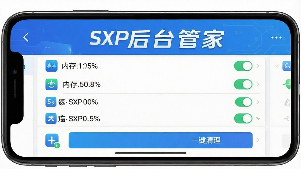 一张展示SXP后台管家软件界面的手机屏幕截图,画面中央是软件主界面,上方有醒目的软件名称