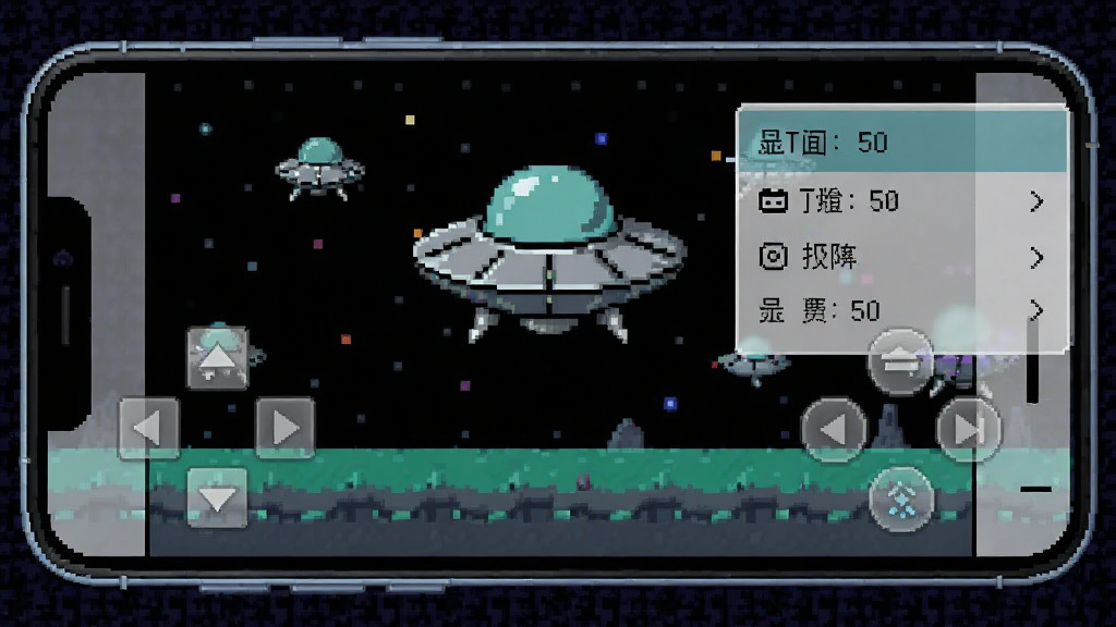 一张展示 UFO 50 在手机端运行时的虚拟按键设置界面的复古像素风格图片,画面中央是手机横屏显示游戏画面,两侧分布着半透明的虚拟方向键与动作按钮,设置菜单悬浮在画面右侧,背景是深色像素纹理,整体布局清晰直观,画质清晰,干净,无多余元素