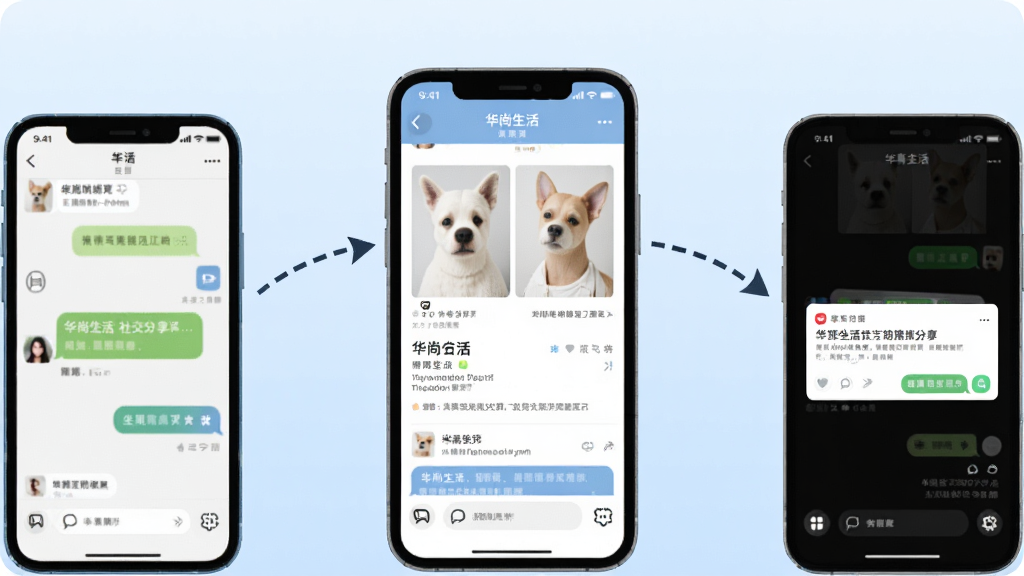 一张表现“华尚生活”社交分享功能的图片,画面中一部手机屏幕显示商品详情页,旁边有另外两部手机屏幕显示聊天界面和分享链接,三个屏幕之间用虚线箭头连接表示分享传播,背景为淡蓝色渐变,布局呈三角形排列,风格扁平化插画风,细节上箭头清晰、图标简洁,画质高清,画面干净,无多余元素