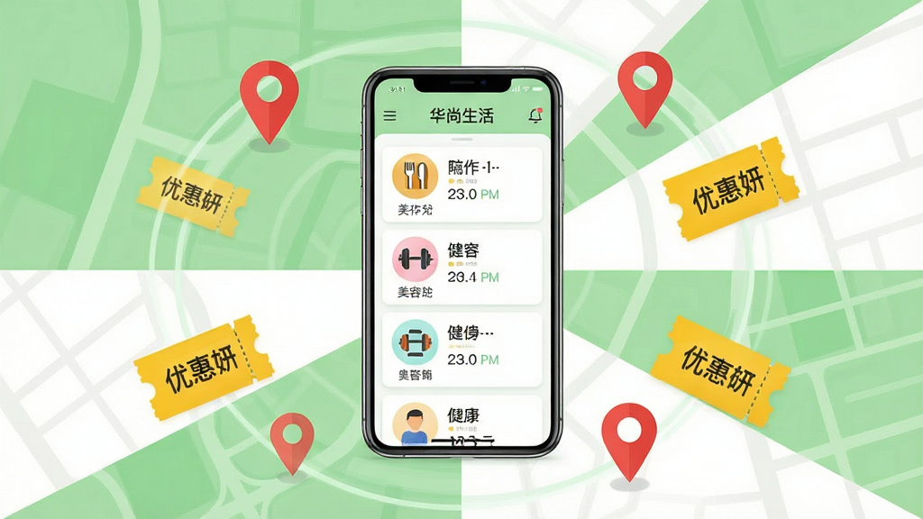 一张展示“华尚生活”本地生活服务功能的图片,画面中心是一部手机,屏幕显示附近商家列表,包含餐饮、美容、健身等图标和距离信息,手机周围环绕着地图定位标记和优惠券图标,背景为浅绿色与白色拼接,布局以手机为中心向外辐射,风格现代简约,细节上定位标记为红色、优惠券为黄色,画质清晰,画面干净,无多余元素