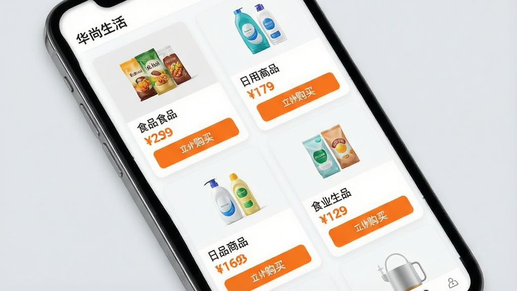 一张展示“华尚生活”应用内购物商城页面的场景图,画面主体为手机屏幕特写,屏幕中显示商品列表,包含食品、日用品等商品卡片,每张卡片有商品图、名称、价格和购买按钮,背景为柔和浅灰色,布局采用两列网格排版,风格简洁明快,细节上价格标签醒目、按钮颜色统一为橙色,画质清晰,画面干净,无多余元素