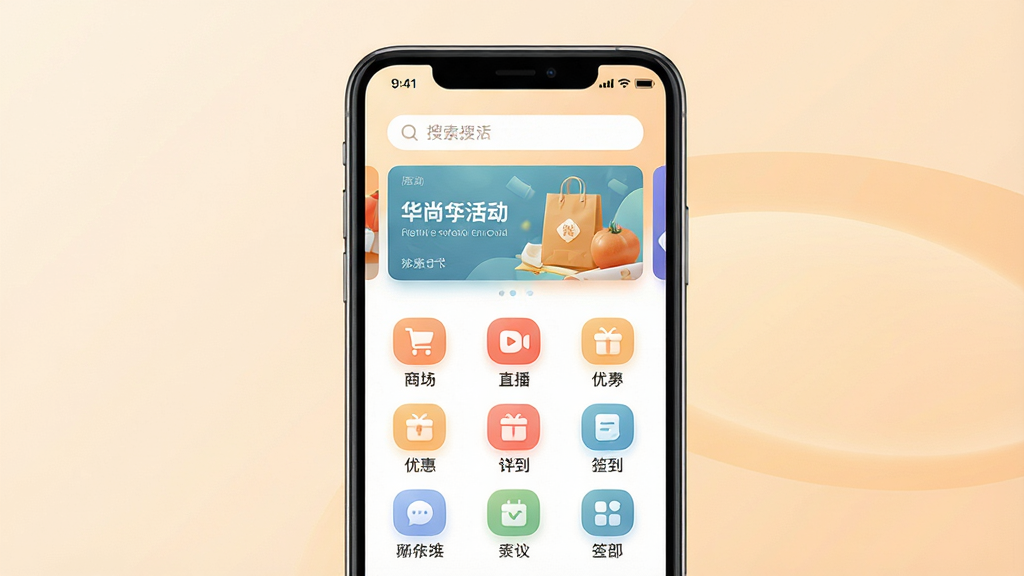 一款名为“华尚生活”的手机应用界面整体预览图,画面中央是一台竖屏智能手机,屏幕内展示应用首页,包含顶部搜索栏、中部轮播活动横幅、下方九宫格功能图标如商城、直播、优惠券、签到等,背景为浅米色与淡橙色渐变,整体布局干净整洁,风格清新现代,细节上图标圆润、文字清晰,画质高清,画面干净,无多余元素