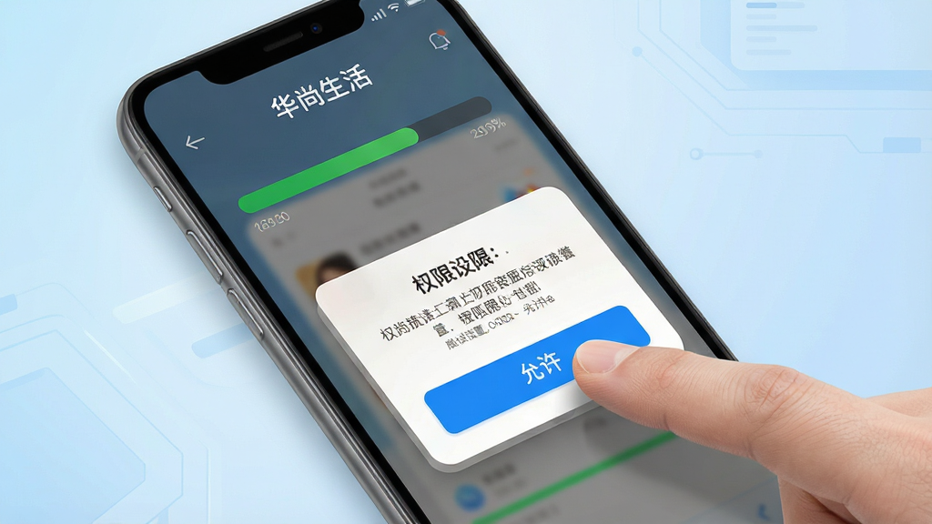 一张展示“华尚生活”应用在手机端安装与权限设置界面的示意图,画面中一部手机屏幕显示安装进度条和权限请求弹窗,旁边有手指点击“允许”按钮的动作特写,背景为浅蓝色渐变,布局以手机和手部动作为主,风格写实科技感,细节上进度条为绿色、弹窗按钮为蓝色,画质高清,画面干净,无多余元素