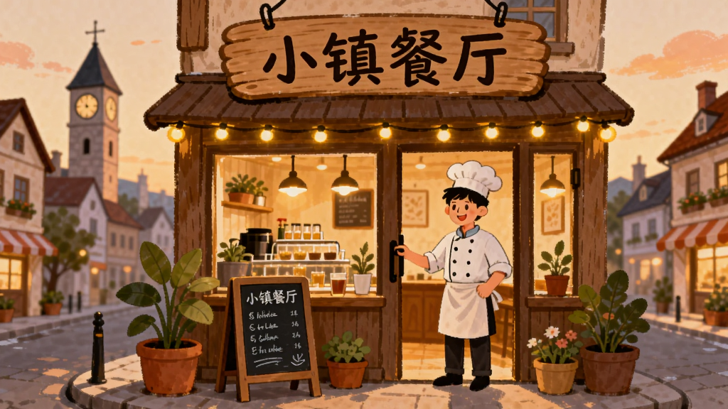 画面中央是一间温馨的小镇餐厅外观,木质门头挂着暖黄色灯串,门口摆放着绿植和黑板菜单,橱窗里透出暖光,一位年轻主厨站在门口微笑迎接客人,背景是宁静的欧式小镇街道,远处有钟楼和晚霞,整体采用暖色调手绘插画风格,细节丰富,画质清晰干净,无多余元素,图片上方用木质招牌写着“小镇餐厅”四个字