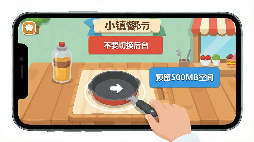 手机屏幕显示小镇餐厅游戏界面,一位新手玩家正按照引导箭头点击平底锅,屏幕上有红色警告框提示“不要切换后台”,旁边有蓝色提示“预留500MB空间”,整体采用扁平化UI风格,色彩清晰,布局直观,画质干净,图片中带有“小镇餐厅”字样