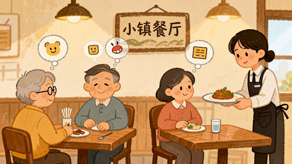 餐厅用餐区场景,几位不同年龄的顾客坐在桌边,一位服务员正端盘子上菜,顾客头顶显示心情气泡和订单图标,画面采用温馨手绘风格,人物表情生动,灯光柔和,画质干净,背景墙上挂着“小镇餐厅”的装饰画