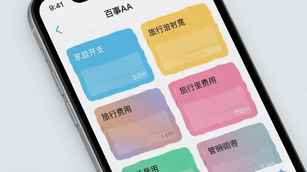 百事AA记账多账本管理界面图,画面中一部手机屏幕显示多个彩色账本卡片,每个卡片上有不同的账本名称如