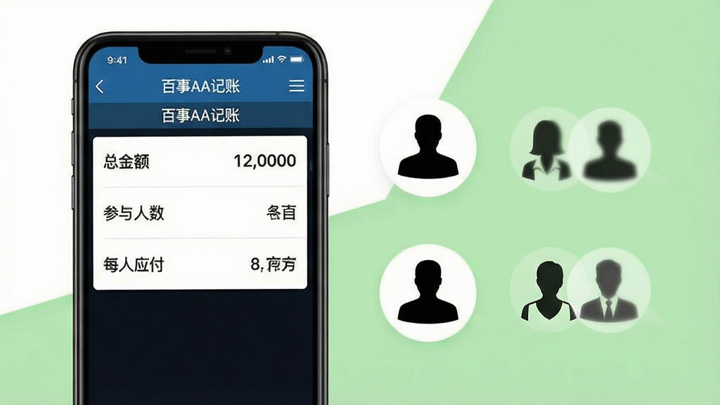 百事AA记账软件功能展示图,画面中一部手机显示分账界面,屏幕上清晰列出
