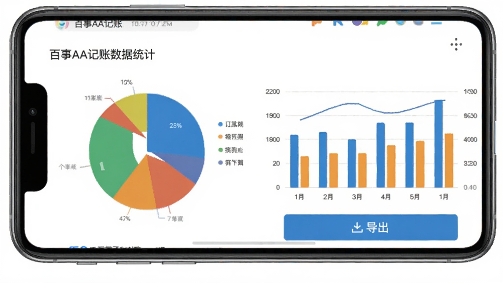 百事AA记账数据统计界面图,画面中一部手机屏幕显示饼状图和柱状图,图表颜色鲜明,旁边有