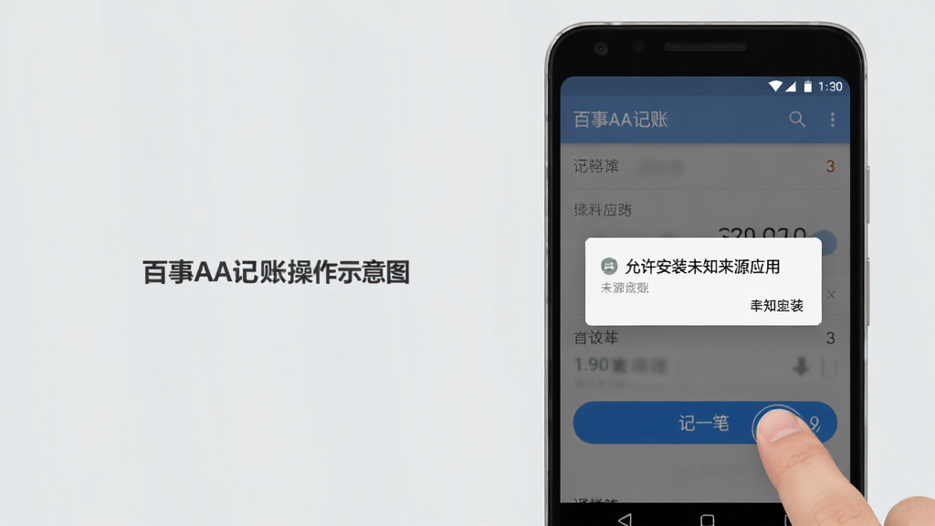 百事AA记账安卓手机操作示意图,画面中一部手机显示记账界面,手指正在点击