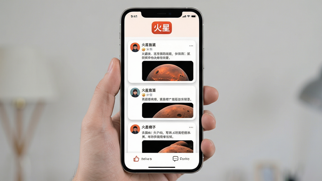 画面展示一个手机屏幕的截图界面,顶部是“火星”APP的Logo,中间是动态广场的信息流,每条动态包含用户头像、昵称、文字内容和配图,底部有点赞和评论图标,布局为纵向列表式排版,风格为清爽的移动端UI设计风格,细节包括圆角卡片和柔和的阴影,画质清晰,干净,无多余元素