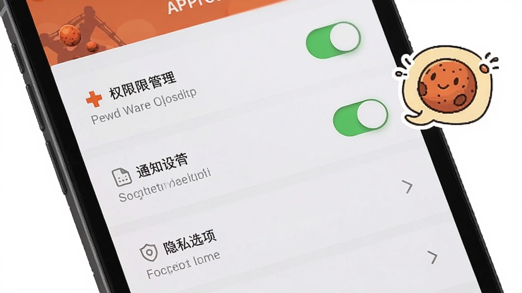 画面中是一个手机屏幕显示火星APP的设置页面,页面中包含权限管理、通知设置、隐私选项等列表项,旁边有一个卡通风格的小贴士图标,布局为纵向列表式,风格为简洁的移动端UI风格,细节包括开关按钮和箭头图标,画质清晰,干净,无多余元素