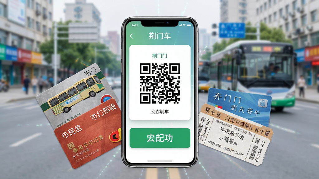 i荆门应用使用场景展示图,画面中央是一部智能手机,屏幕上显示乘车码二维码和公交刷卡成功提示,手机周围散落着公交卡、市民卡和球票等元素。背景是荆门城市街景虚化处理。风格写实清新,布局以手机为中心向外辐射,细节上二维码清晰可见、卡片质感真实,画质干净明亮,无多余装饰元素。