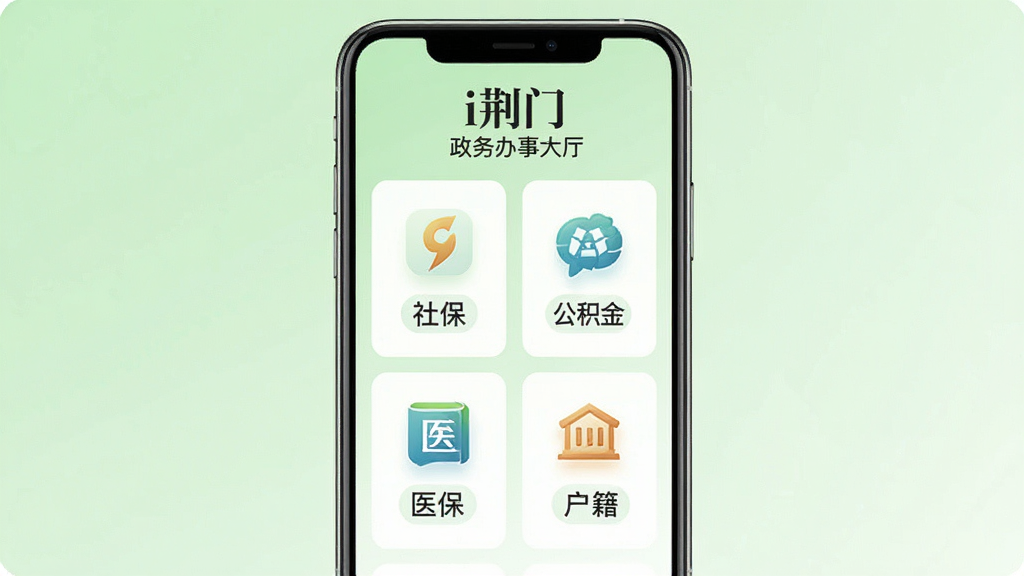 手机界面展示“i荆门”政务办事大厅页面,页面分为社保、公积金、医保、户籍四大板块,每个板块配有简洁图标和文字说明。背景是淡绿色渐变,图标采用圆角设计,文字清晰。整体风格清爽简约,布局整齐,画质干净,无多余装饰元素。