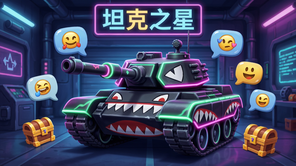 一张展示坦克之星游戏社交与个性化界面的插画,画面中央是一辆涂装了鲨鱼嘴图案和霓虹灯条的坦克,周围漂浮着各种表情符号气泡和宝箱图标,背景是充满赛博朋克风格的霓虹灯车库,画面顶部有“坦克之星”的霓虹灯招牌,风格为潮流炫酷的卡通渲染,画质清晰。