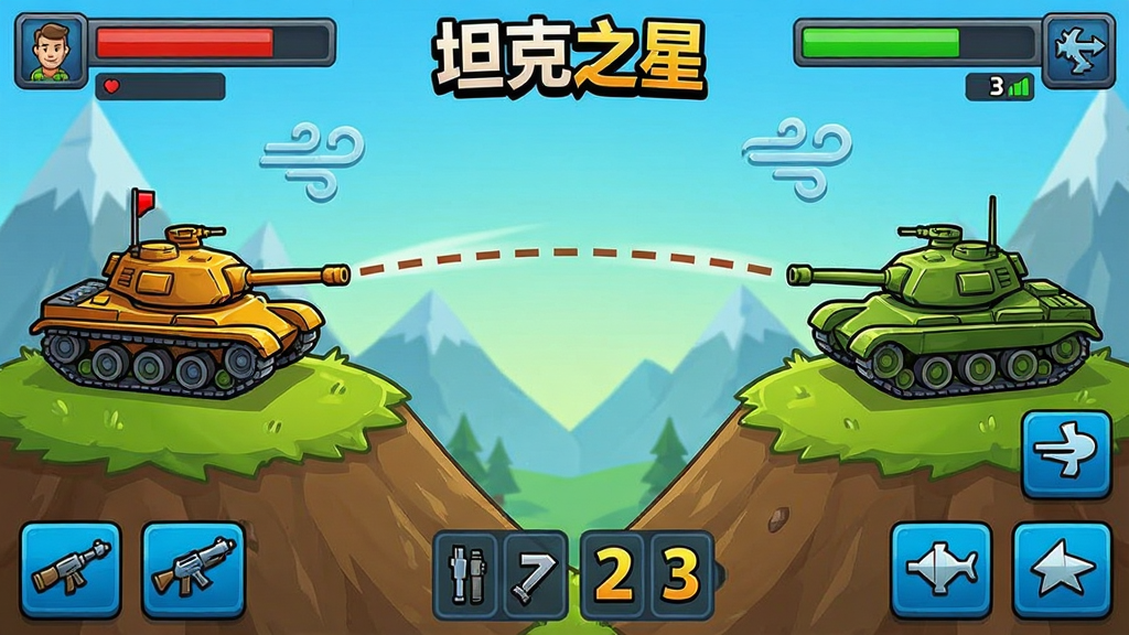 一张展示坦克之星游戏对战界面的截图风格插画,画面中两辆坦克分别位于屏幕左右两侧的山丘上,中间是弹道轨迹的虚线指示,屏幕上方显示玩家血量和风力图标,底部是各种武器切换按钮,画面风格为美式卡通渲染,色彩对比强烈,画质干净清晰,带有“坦克之星”的游戏Logo字样。