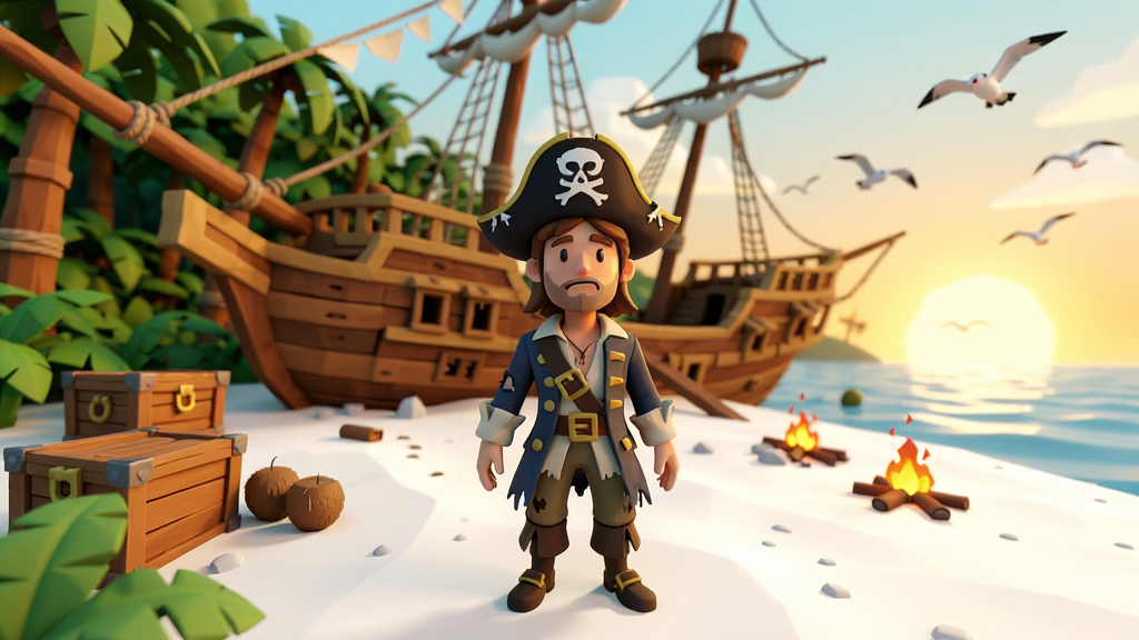 һ����Mutiny��������Ϊ����ĳ����廭������������һλ�����ƾɺ������εĽ�ɫվ�ڰ�ɫɳ̲�ϣ�������ï�ܵ��ȴ����ֺ͸�ǳ��ľ�Ʒ����к���Զ����������Ϧ������ӳ�գ�ɳ̲��ɢ����ľ�䡢Ҭ�Ӻ�����������к�Ÿ���裬������õͶ����3D��Ⱦ���ɫ��������ů��ϸ�ڷḻ�����������ɾ����޶���Ԫ�أ������Χ����ð���������