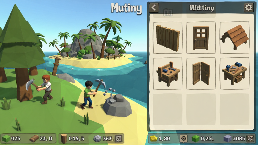 չʾMutiny��Ϸ�еĽ���ϵͳ���棬�����Ϊ���������֣��������Դ�ɼ��������н�ɫ�����Ͳɿ�Ķ������Ҳ��ǽ���˵����棬��ʾľǽ���Ŵ����ݶ�������̨�ȿɽ�����Ʒͼ�꣬�ײ�����Դ��������������õͶ���η�񣬱������ȴ����컷�������������ɾ��������д���