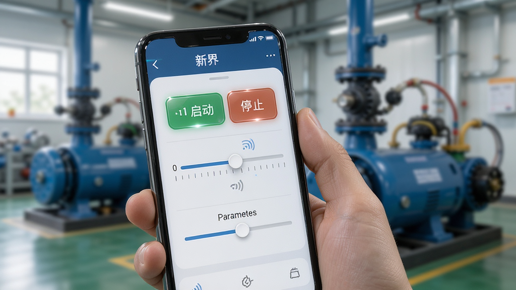 画面主体是一只手拿着手机,手机屏幕上显示“新界”APP的远程控制界面,有启动、停止按钮和参数调节滑块,背景为模糊的泵房场景,布局采用前景手机后景虚化的层次感,风格为科技写实风,细节上包含按钮的高光反馈、滑块刻度、信号图标,画质清晰,干净,无多余元素