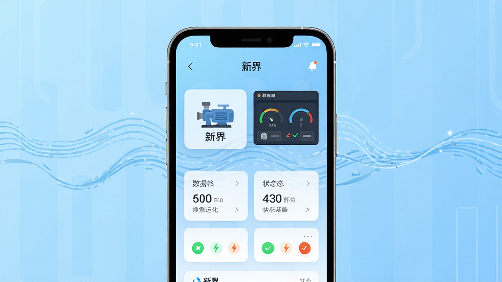 画面主体是一部智能手机,屏幕中显示“新界”APP的主界面,界面上有水泵设备图标、数据仪表盘和状态指示灯,背景为浅蓝色科技感渐变,布局采用居中对称排布,风格为现代扁平化UI设计,细节上包含水流波纹装饰线条、设备运行参数卡片,画质清晰,干净,无多余元素