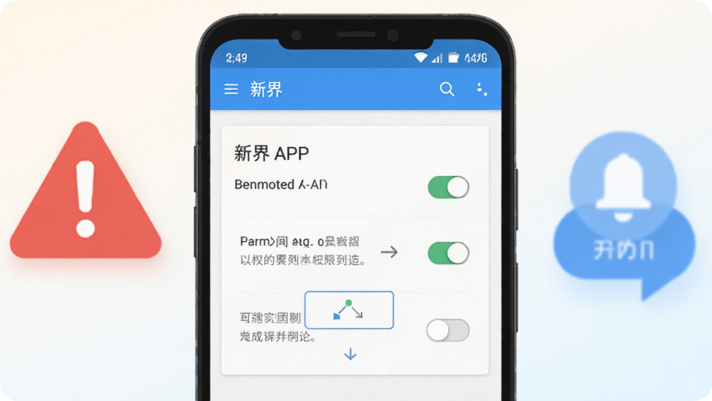 画面主体是一部安卓手机屏幕显示“新界”APP的权限设置页面,旁边有一个红色的警告图标和蓝色的提示图标,背景为浅色渐变,布局采用手机居中、图标环绕,风格为扁平化信息图,细节上包含权限开关、文字说明框、箭头指引,画质清晰,干净,无多余元素