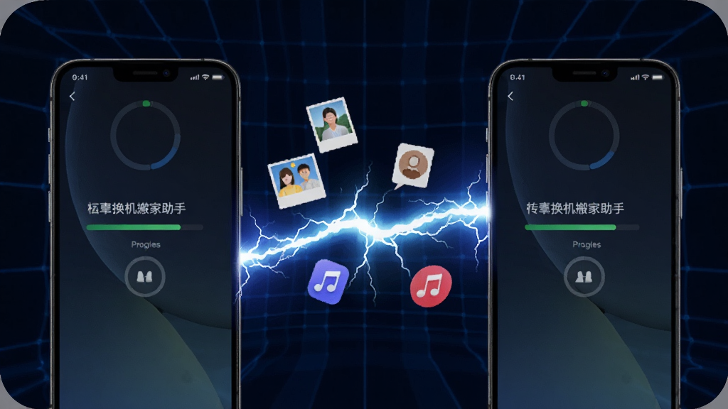 画面中央是两部手机并排摆放,中间用一道明亮的闪电光束连接,光束中漂浮着照片、联系人、音乐符号等小图标,手机屏幕显示互传换机搬家助手正在传输的进度条,背景为深蓝色科技感网格,风格动感炫酷,细节清晰,画质锐利,干净无杂乱元素
