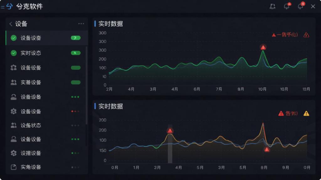 兮克软件界面截图,展示设备状态监控面板,主体为深色主题的仪表盘布局,左侧为设备列表,右侧为实时数据图表,排版整齐,风格专业科技感,细节包括绿色正常状态图标和红色告警提示,画质清晰,干净,无多余元素