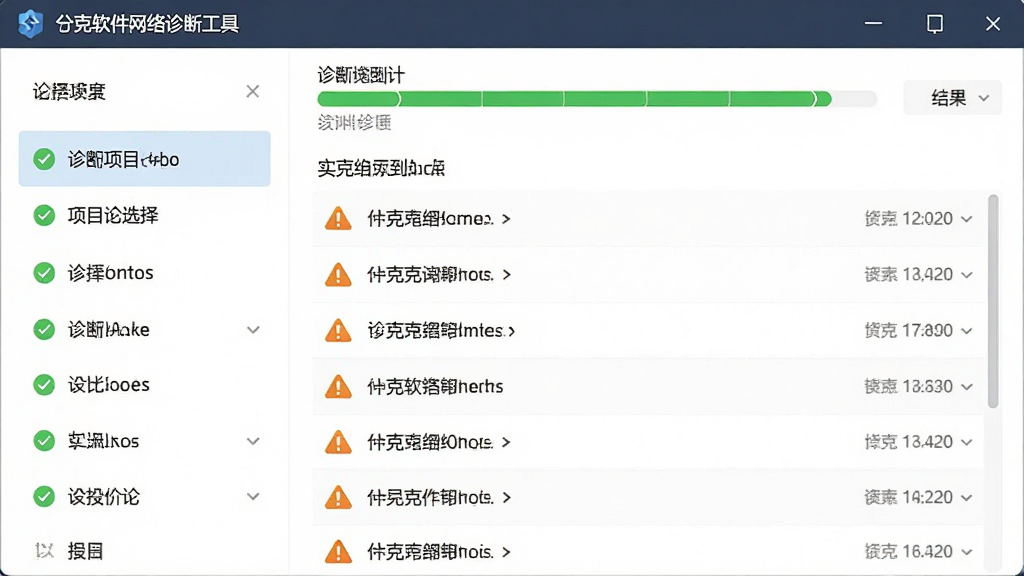兮克软件网络诊断工具界面,主体为诊断进度条与结果列表,布局为左右分栏,左侧为诊断项目选择,右侧为实时结果输出,风格简约商务,细节包括绿色通过标识和橙色警告图标,画质清晰,干净,无多余元素