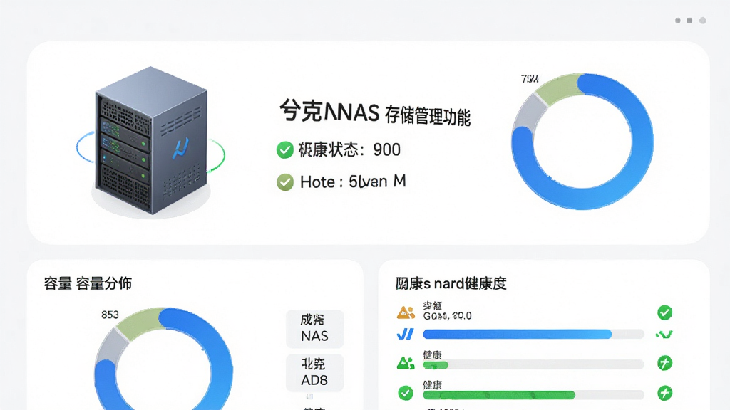 兮克NAS存储管理功能界面,主体为存储设备立体图标与容量环形图,布局采用上下结构,上方为设备名称与状态,下方为容量分布与硬盘健康度,风格简洁清新,细节包括蓝色容量条和绿色健康标识,画质高清,干净,无多余元素
