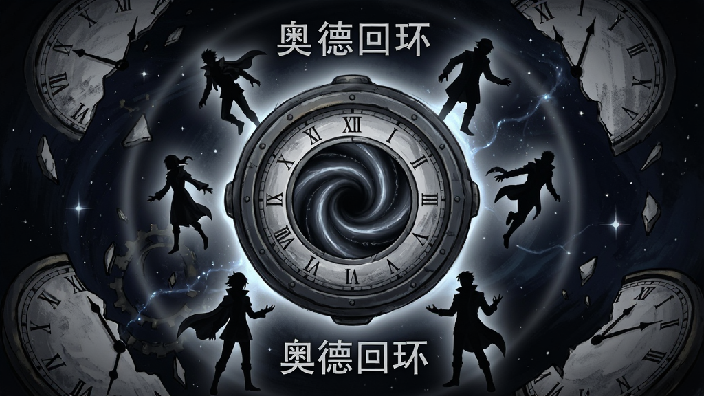 画面中央是一个神秘的圆形时间回环装置,周围环绕着多个不同时间线的角色剪影,背景是深邃的星空与破碎的时钟元素,整体采用暗黑奇幻风格,布局为竖版手机屏幕比例,排版上主体装置居中,四周有光晕扩散效果,风格偏向神秘科幻与手绘质感结合,细节上时钟刻度清晰可见,角色剪影动作各异,画面干净无多余杂乱元素,画质高清精致,图片中文字标注“奥德回环”