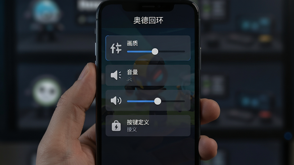 手机屏幕显示奥德回环游戏设置界面,界面中有画质调节、音量控制、按键自定义等选项,布局为竖版手机界面,排版上设置选项从上到下排列,风格为简洁游戏UI风格,细节上选项图标清晰,背景为深色半透明,画面干净无多余元素,画质高清,图片中文字标注“奥德回环”
