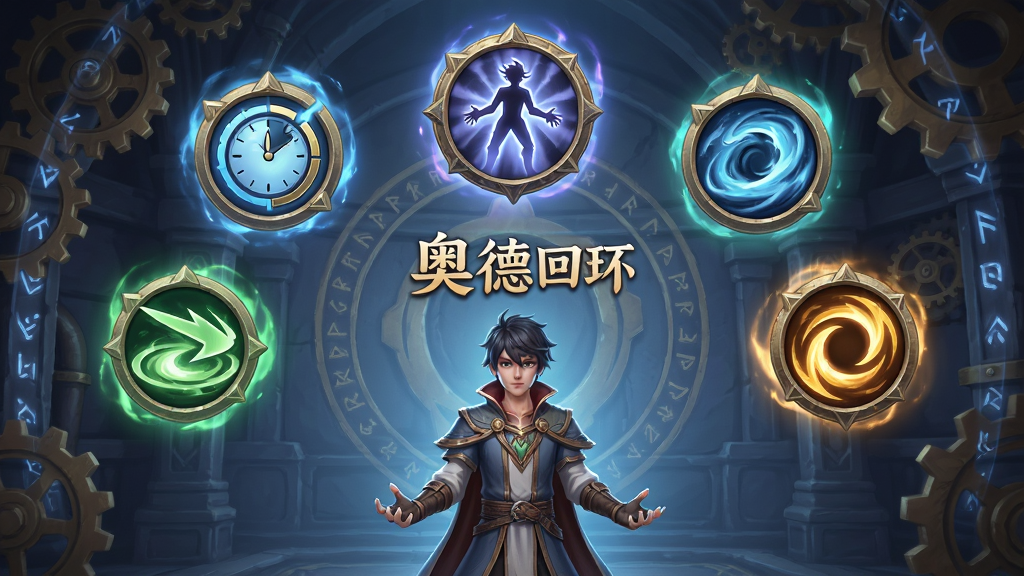 主角站在一个充满机关的房间中央,周围有多个发光的技能图标漂浮在空中,图标分别代表时间减速、瞬移、回溯等能力,布局为竖版构图,排版上主角位于下方,技能图标环绕在上方,风格为奇幻动作风格,细节上技能图标有不同颜色光效,背景有齿轮与符文元素,画面干净无多余元素,画质高清,图片中文字标注“奥德回环”