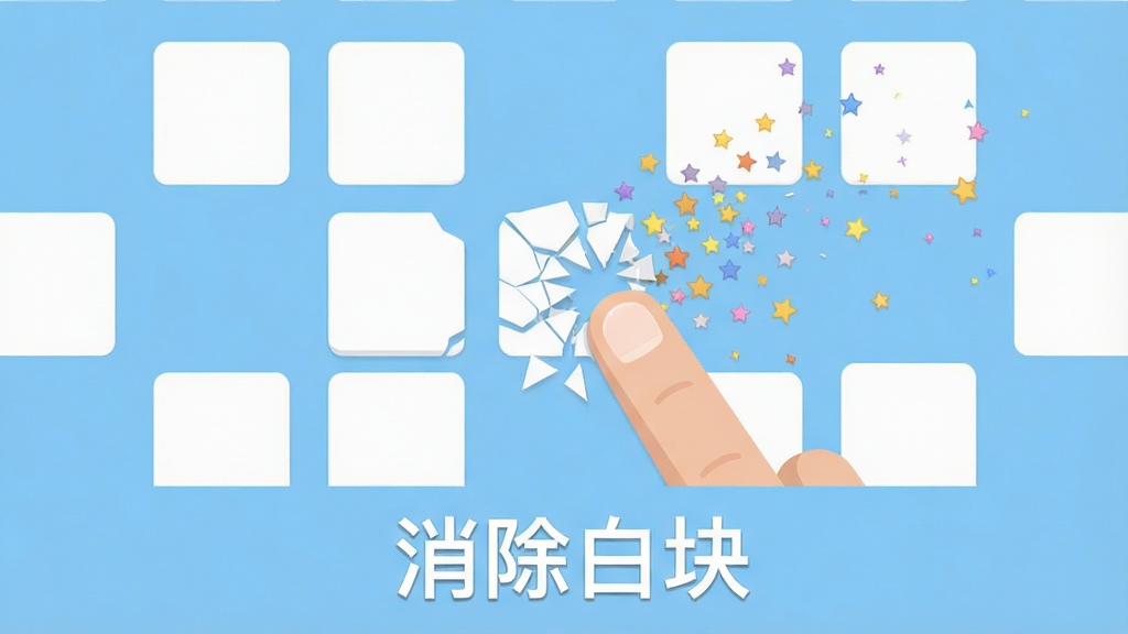 简洁的手机界面截图风格,屏幕中央显示多个白色方块,其中一个方块被手指点击后呈现碎裂消除的特效动画,周围有星星粒子飞散,背景为淡蓝色,画面下方用白色字体标注