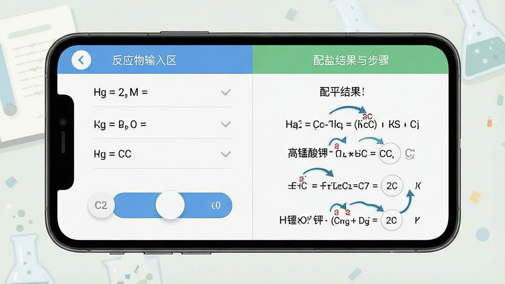 一张展示化学方程式APP智能配平功能的界面截图,主体为手机屏幕,屏幕中央显示着高锰酸钾与浓盐酸反应的配平过程,布局采用上下分栏,排版左侧为反应物输入区右侧为配平结果与步骤解析,风格为扁平化学习工具风格,细节包含系数调节按钮与电子转移箭头,画质清晰,干净无多余元素