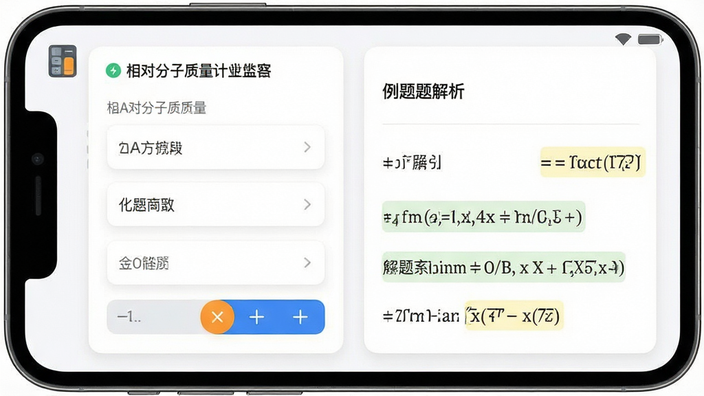 一张展示化学方程式APP计算工具与解题技巧页面的手机界面图,主体为手机屏幕,屏幕内显示着相对分子质量计算器与例题解析,布局为卡片式排列,排版左侧为输入区右侧为结果与步骤,风格为简约商务风,细节包含计算器图标与公式高亮,画质清晰,干净无多余元素