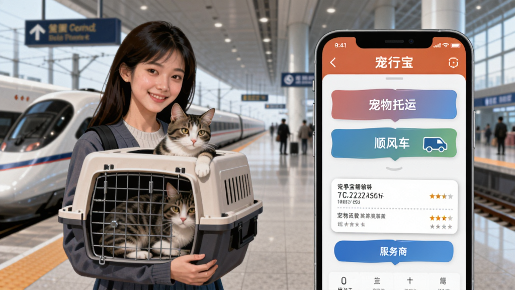 画面左侧是一位年轻女性抱着宠物猫站在高铁站台,右侧是手机屏幕显示宠行宝运输服务下单页面,页面上有