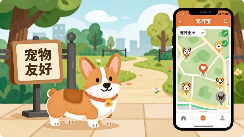 一只柯基犬站在城市公园入口处,旁边立着一块写有