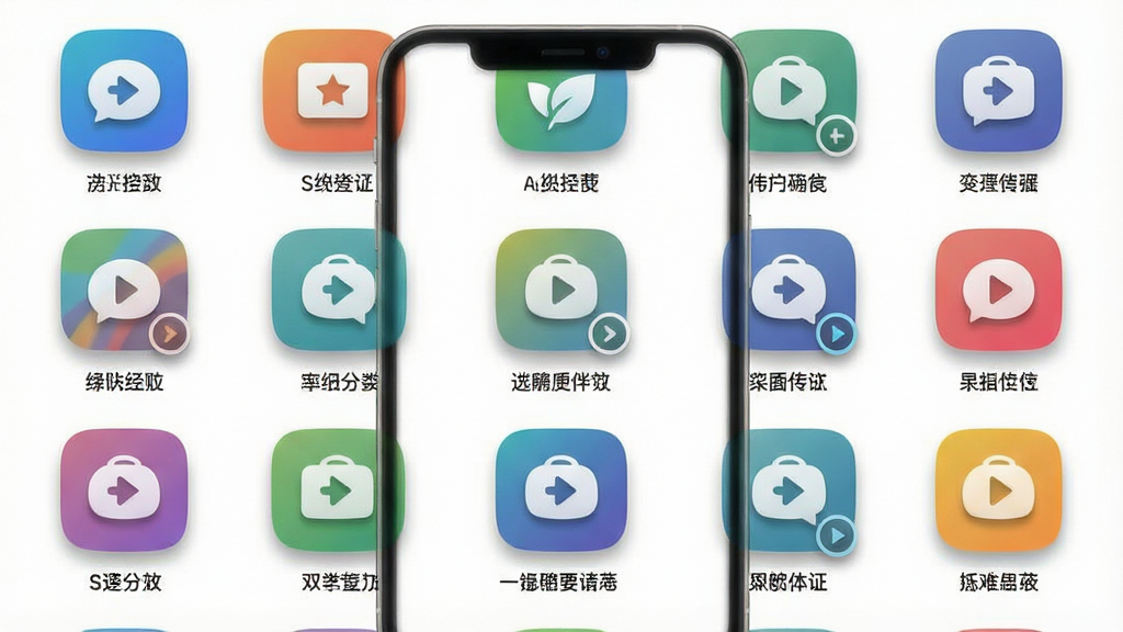 一张手机应用分类导航界面的图片,画面中央手机屏幕上显示多个彩色分类图标,图标下方有文字标签,整体布局呈网格状排列,风格清爽明快,细节包括图标阴影和选中状态,画质清晰,干净,无多余元素