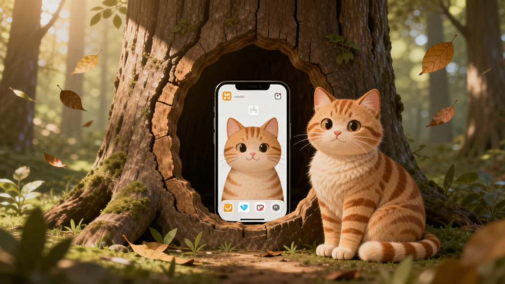 一只橘色猫咪坐在树洞口,周围是柔和的森林光影与飘落的树叶,画面中央突出树洞有只猫应用的手机界面,整体布局为左右对称的森林场景,风格温暖治愈,细节包含猫咪表情温和、树洞纹理清晰、背景虚化自然,画质高清,干净,无多余元素