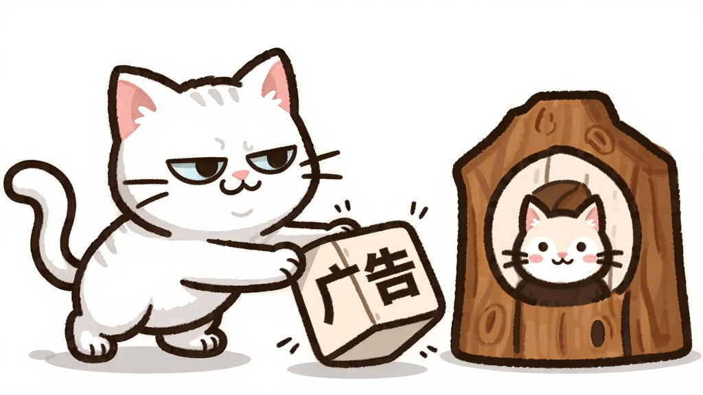 一只白色猫咪用爪子推开一个写有“广告”的小方块,身旁是树洞有只猫的图标,布局为猫咪在左、图标在右,风格活泼简洁,细节包含猫咪表情得意、方块被推开、背景干净,画质高清,干净,无多余元素