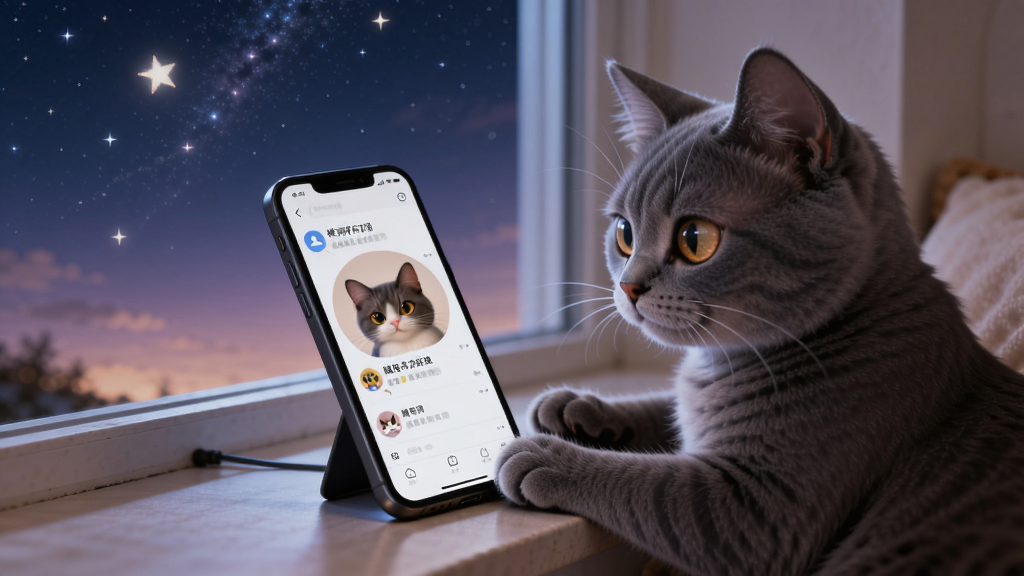 一只灰色猫咪坐在窗台上打字回复消息,窗外是夜晚星空,手机屏幕显示树洞有只猫界面,布局为猫咪与手机左右呼应,风格安静温馨,细节包含猫咪专注眼神、屏幕微光、星空渐变色,画质高清,干净,无多余元素