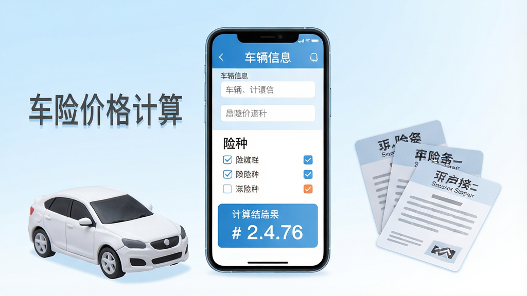 画面中央是一部智能手机,屏幕上显示着车险价格计算的软件界面,界面中包含车辆信息输入框和险种勾选列表,下方有醒目的计算结果数字。手机左侧放置着一辆白色小汽车的立体模型,右侧散落着几张保单样式卡片。整体采用扁平化插画风格,背景为浅蓝到白色的渐变,色调清新干净,画质清晰,无多余元素,画面中带有文字